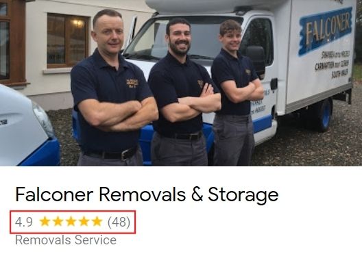 Falconer Removals & Storage's Google Review page, displaying a 4.9 out of 5 star rating