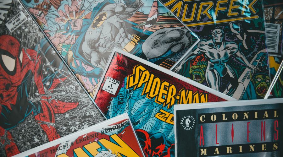 Array of comic books.